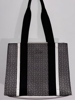 Guess Gray Monogram Tote with Black Straps and White Trim